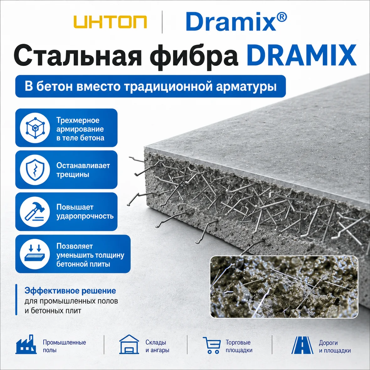 Инфографика преимуществ стальной фибры Dramix для бетонных плит